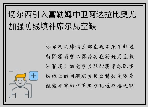 切尔西引入富勒姆中卫阿达拉比奥尤加强防线填补席尔瓦空缺 切尔西引入富勒姆中卫阿达拉比奥尤加强防线填补席尔瓦空缺