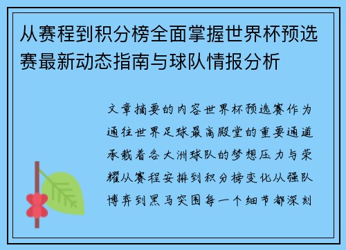 从赛程到积分榜全面掌握世界杯预选赛最新动态指南与球队情报分析 从赛程到积分榜全面掌握世界杯预选赛最新动态指南与球队情报分析